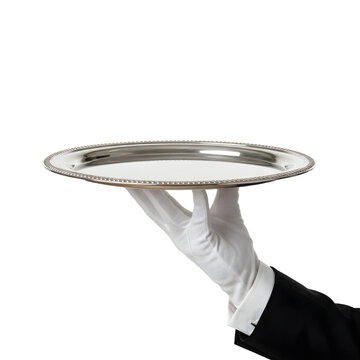 Silver serving tray held by a gloved hand isolated on transparent background