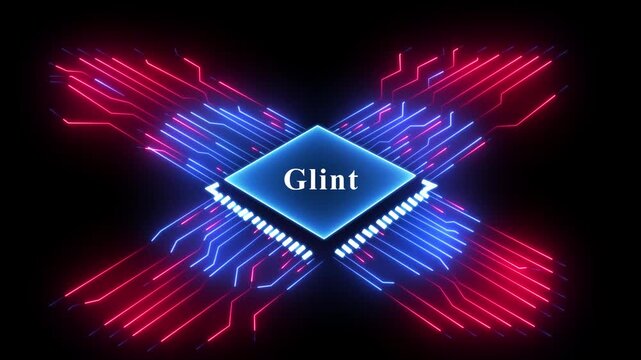 Glint logo on abstract futuristic chip circuit board glowing with neon lights.
