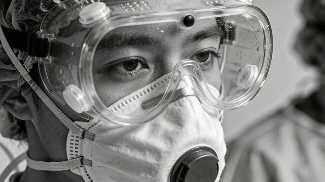 Blinking from lid-drooping Asian man in cap gazing in ICU showing fogged goggles and mask valve