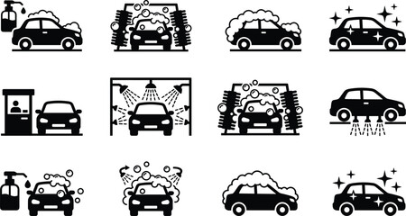 Obraz premium Car wash service icon set vector illustration featuring automatic cleaning water spray soap foam and sparkling automobile