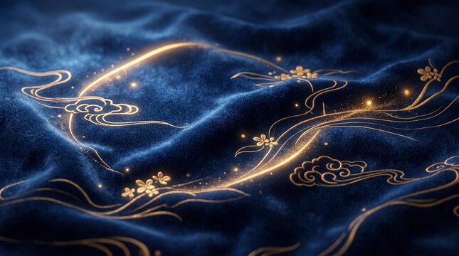 Blue velvet fabric background with golden glowing floral patterns and abstract traditional oriental clouds
