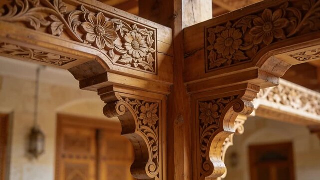 Moving camera revealing ornate carved post with beams in riad court, showing carved detail, depth
