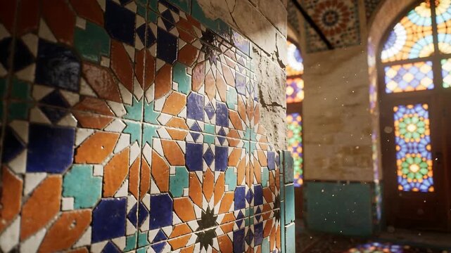 Sliding camera showing glazed mosaic panel in historic hall exposing texture, stained-glass light