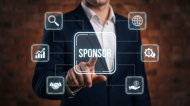 Businessman touching sponsor icon with corporate financial growth icons on screen