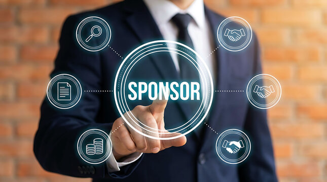 Businessman touching sponsor icon with corporate funding and deal icons