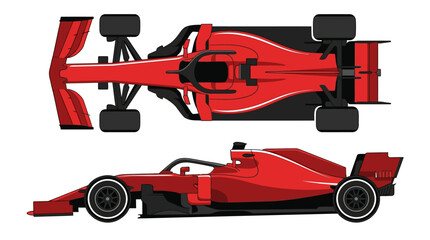 Obraz premium Modern red Formula 1 racing car infographic illustration featuring top and side profile views with detailed aerodynamics, halo safety device, front wing, and slick tires on white.
