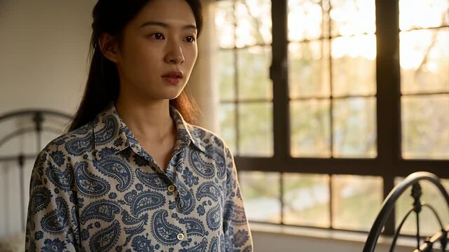 Sunlight streaming, buttoning woman doing up paisley shirt beside bed, gazing out window