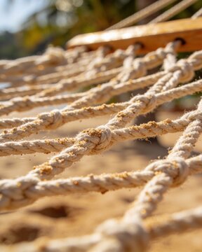 Detailed macro shot of a white woven rope hammock with sand grains on a sunny beach. Ideal texture for summer vacation background.
