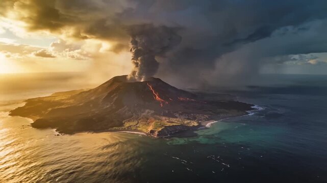 Erupting volcanic cone sending ash plume and lava flows at dusk after lightning striking over ocean