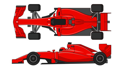 Fototapeta premium Red formula one racing car illustration featuring top-down and side profile views in a clean flat design style on a white background, highlighting aerodynamic wings and wide black tires.