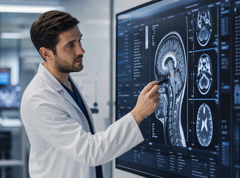 Doctor digital pen medical image brain scan medical monitor hospital clinic male doctor white coat diagnosis neurology radiology healthcare