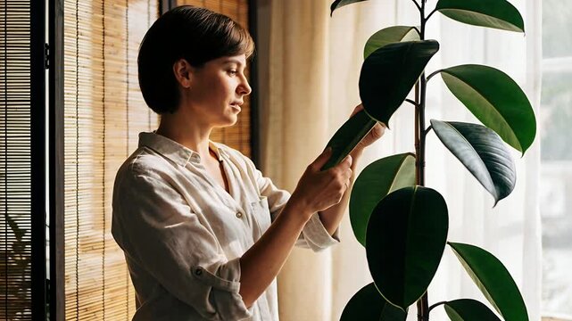 Checking woman in light shirt holding leaf at home window, assessing rubber plant care, copy space