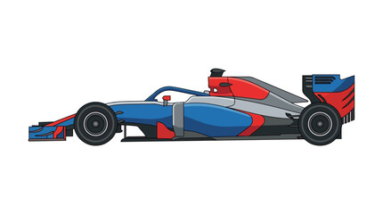 Fototapeta premium Modern flat design Formula 1 racing car illustration, side profile view with blue, red, and grey livery, minimalist vector graphics isolated on white background, high-speed auto.