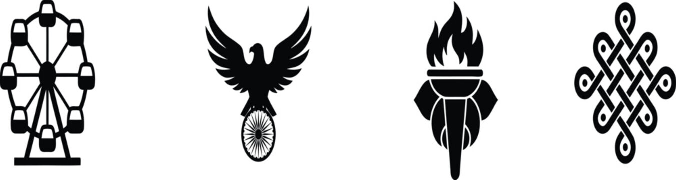Set of black icons representing india indian independence day republic day and various cultural national symbols