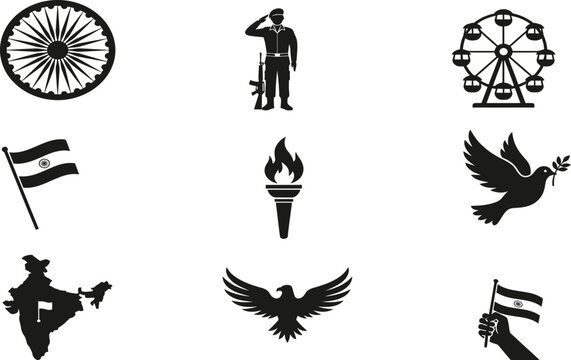 Set of black icons representing india national symbols for independence day and republic day celebrations