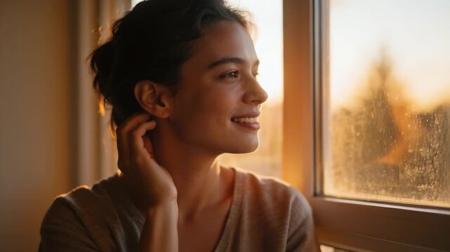 Turning woman Vneck sweater smiling, tucking hair, shading eyes at home by window with sun moving