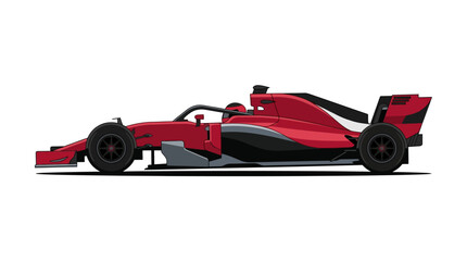 Fototapeta premium Flat design vector illustration of a red and black Formula 1 racing car shown from the side profile, including detailed aerodynamic wings, driver cockpit, and large tires on white.