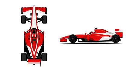 Fototapeta premium Red and white Formula 1 racing car illustration featuring top-down and side profile views in a flat design style with a driver figure isolated on a solid white background.
