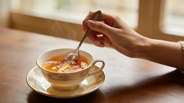 Entering frame woman's hand with bracelet stirring cup with saucer by window, mixing tea with spoon