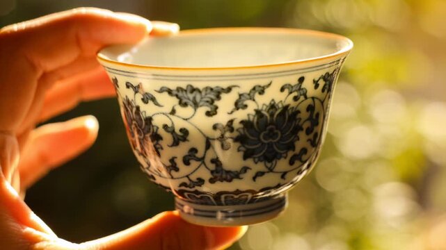 Lifting hand turning porcelain cup in sunlit garden, revealing blue vine pattern and gold rim