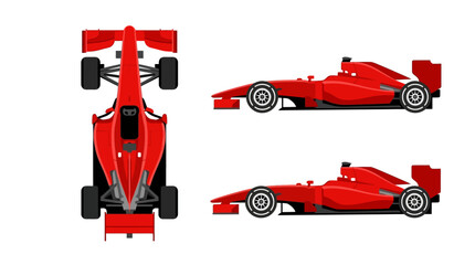 Fototapeta premium Flat design illustration of a red Formula 1 racing car featuring multiple angles including a top-down plan view and side profiles isolated on a clean white background for design.