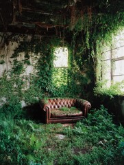 Obraz premium Overgrown Chesterfield Sofa in Abandoned Building Interior Nature Reclaims Space Vertical Composition
