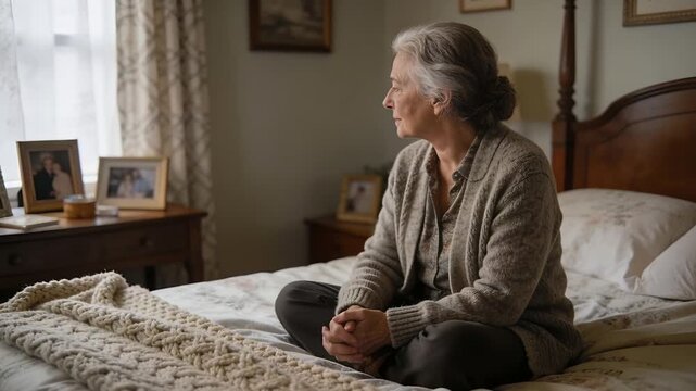 Sitting woman in cardigan turning toward dresser and window in bedroom as soft light drawing gaze