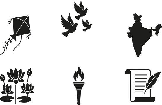 Set of india indian independence day and republic day icons featuring various national symbols in black