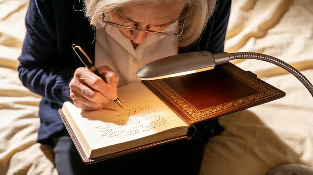 Lamp turning on, senior woman journaling on bed, writing with journal, pen, glasses, navy sweater