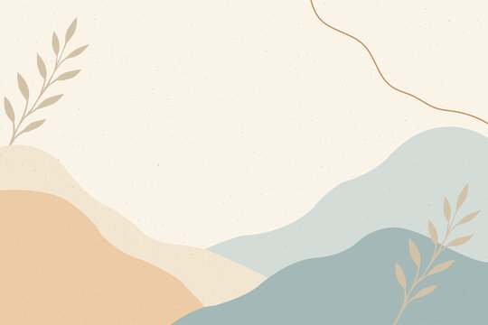 Minimalist Boho Landscape Background Vector with Pastel Waves and Leaves