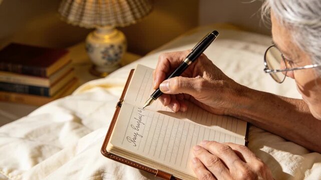 Writing senior man wearing glasses, lamp glowing, writing cursive greeting on bed with fountain pen