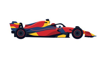 Fototapeta premium Stylized flat design illustration of a professional formula racing car in side profile view featuring red, yellow, and blue livery colors isolated on a clean plain white background.