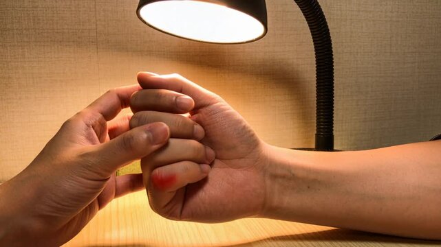 Noticing red mark, left hand probing clenched right hand on wooden tabletop, with lamp and box