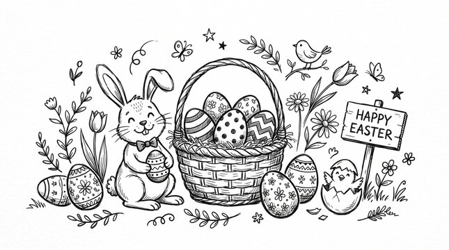 cute easter rustic doodle sketch illustration with bunny basket eggs and chick