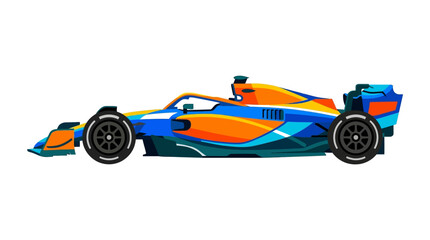 Fototapeta premium Flat design vector illustration of a modern Formula 1 racing car in profile view featuring a vibrant blue, orange, and yellow livery with aerodynamic bodywork on white background.