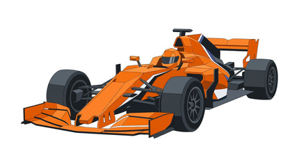 Fototapeta premium Orange Formula 1 racing car illustration in a clean flat design style featuring a driver in a helmet, aerodynamic wings, sidepods, and wide black tires isolated on white.