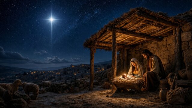Jesus Christ nativity scene with Mother Mary and Joseph watching baby in manger under Bethlehem star. Traditional religious Christmas concept of holy family in stable at night.
