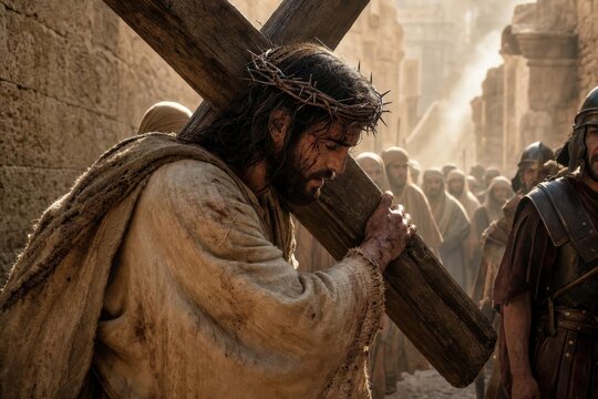 Jesus Christ carrying a wooden cross through a crowd of people. Biblical scene of the passion of Christ depicting sacrifice and suffering. Religious art for Easter and holy week theme.