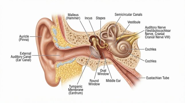 Human Ear Anatomy Cross Section with Educational Labels Isolated