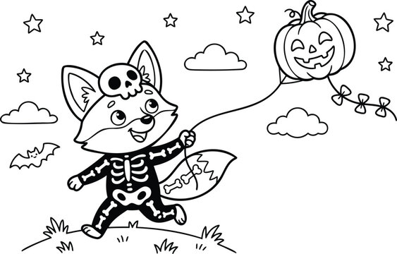Cartoon fox in skeleton costume flying with starry background, flying pose black, and white black and white