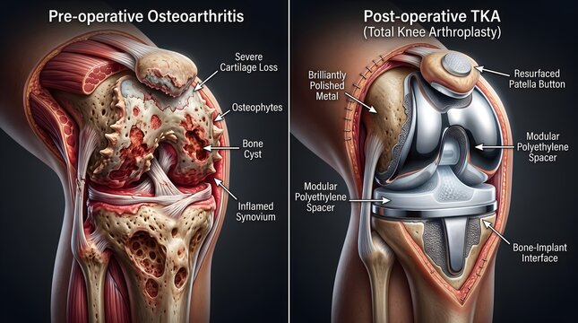 Medical comparison illustrating degenerative osteoarthritis progression versus successful total knee arthroplasty surgical joint replacement procedure