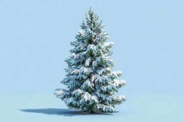 Fototapeta premium Isolated Christmas Tree Covered in Snow Studio Shot on Light Blue Background Holiday Season Festive Scene