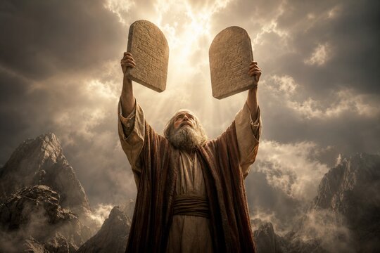 Moses holding stone tablets with Ten Commandments on Mount Sinai. Biblical prophet receiving divine law from God. Historical scripture, religious faith and ancient historical concept.