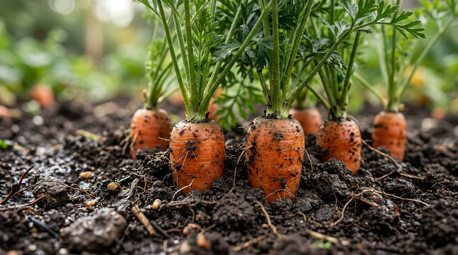 Fresh organic carrots growing in rich soil farm agriculture harvest