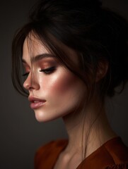 Fototapeta premium Portrait of a beautiful woman with elegant makeup and hairstyle, studio shot, close-up profile view, beauty concept