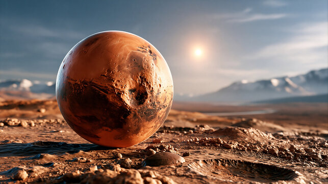 3D render of detailed red planet Mars sphere resting on rocky alien Martian surface under bright sun for space exploration and science fiction background with copy space 