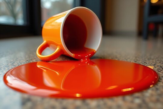 Vivid Liquid Cascade: A Close-Up of Spilled Coffee on a Textured Caf&eacute; Floor