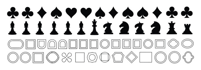 Set of black silhouette icons featuring playing card symbols chess pieces and various decorative geometric frame shapes for design projects © Maru