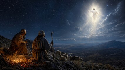 Obraz premium Jesus Christ appearing to shepherd on hillside at night. Biblical scene of adoration and revelation. Religious art depicting faith, divinity, hope, and the nativity of Christ in heaven.
