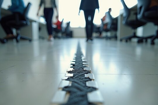 Close-Up of a Worn Cable Protector on an Office Floor, with Blurred Background of People Walking to Emphasize Trip Hazard